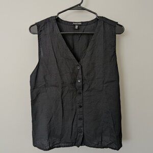 Eileen Fisher Black Organic Linen Button Up Vest, Size Large
